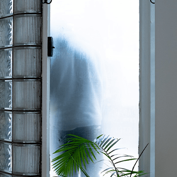 A blurred figure stands behind a frosted glass door, partially obscured by moisture, with a green plant in the foreground. The setting hints at a private moment.